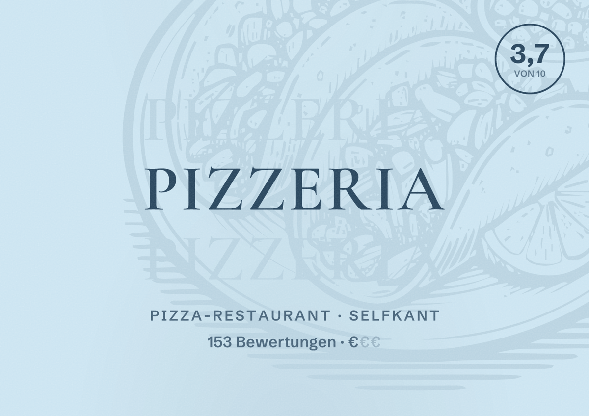 Illustriertes Poster von Pizzeria, Pizza-Restaurant in Selfkant: Bewertung 3,7 von 10 aus 153 Bewertungen, Preisniveau €