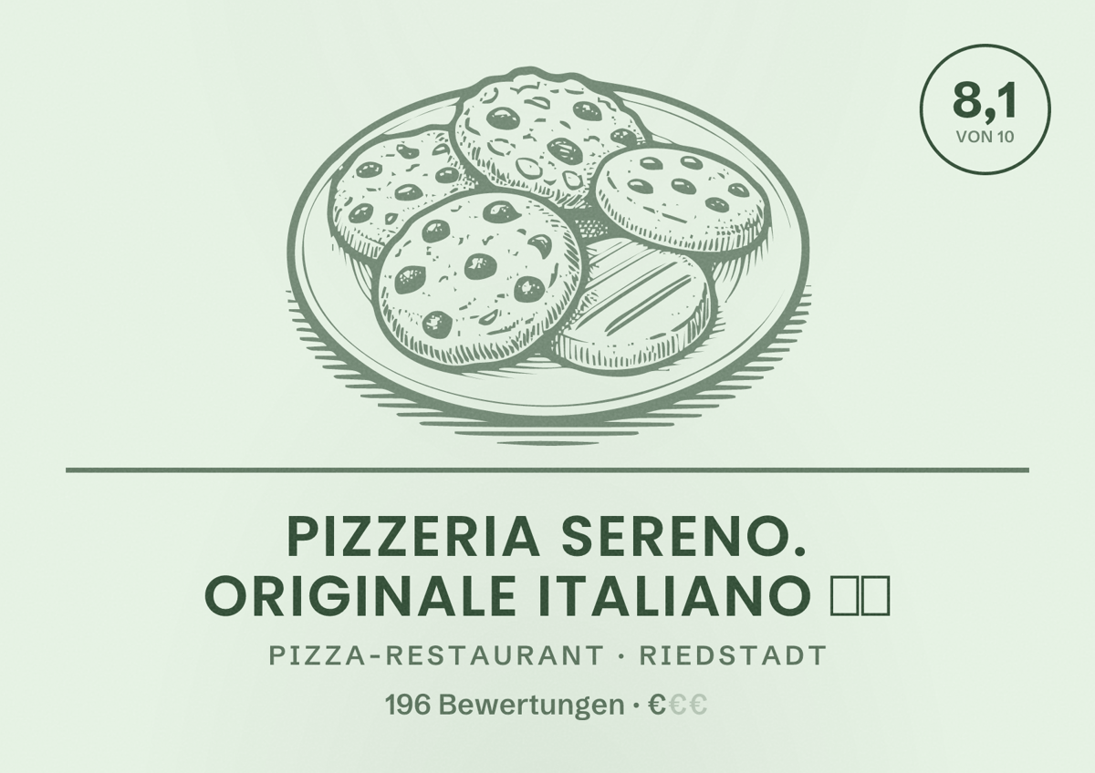 Illustriertes Poster von Pizzeria Sereno. Originale Italiano 🇮🇹, Pizza-Restaurant in Riedstadt: Bewertung 8,1 von 10 aus 196 Bewertungen, Preisniveau €