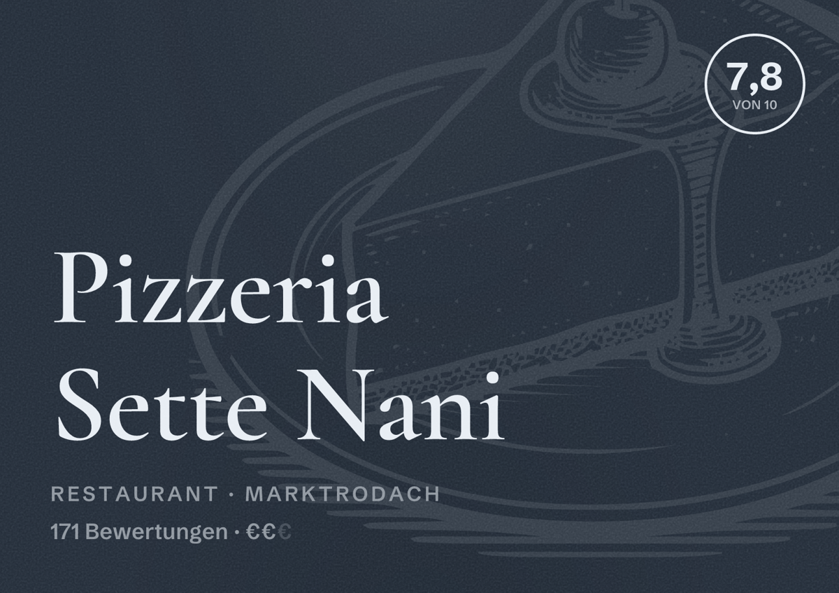Illustriertes Poster von Pizzeria Sette Nani, Restaurant in Marktrodach: Bewertung 7,8 von 10 aus 171 Bewertungen, Preisniveau €€