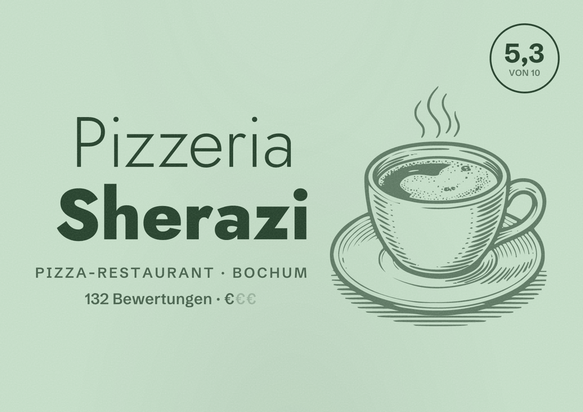 Illustriertes Poster von Pizzeria Sherazi, Pizza-Restaurant in Bochum: Bewertung 5,3 von 10 aus 132 Bewertungen, Preisniveau €