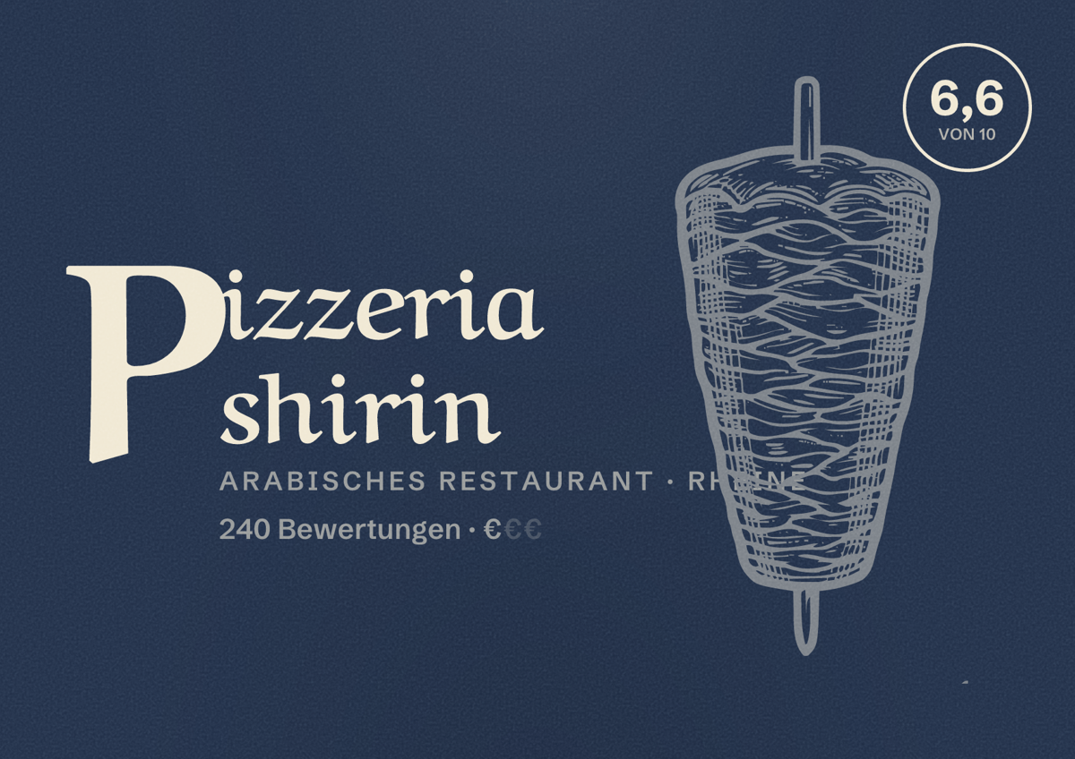 Illustriertes Poster von Pizzeria shirin, Arabisches Restaurant in Rheine: Bewertung 6,6 von 10 aus 240 Bewertungen, Preisniveau €
