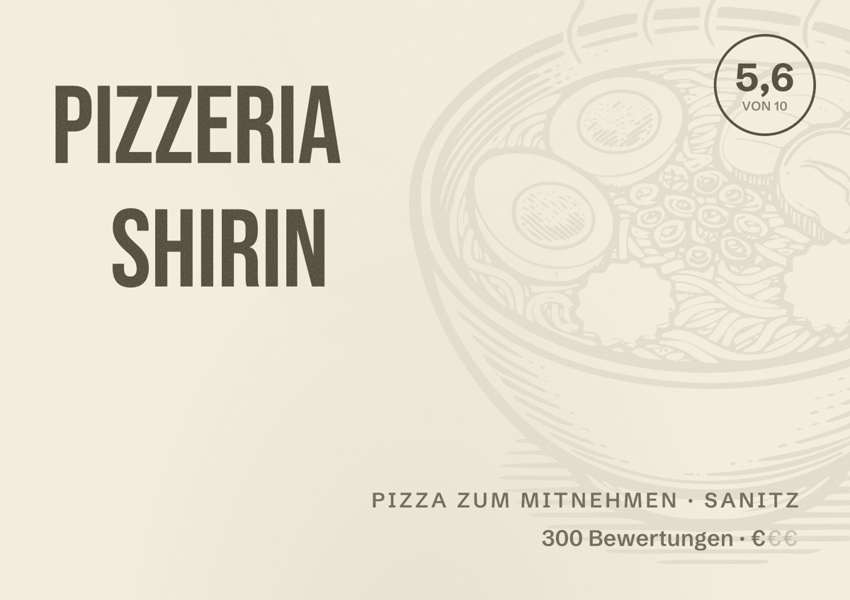Illustriertes Poster von Pizzeria Shirin, Pizza zum Mitnehmen in Sanitz: Bewertung 5,6 von 10 aus 300 Bewertungen, Preisniveau €