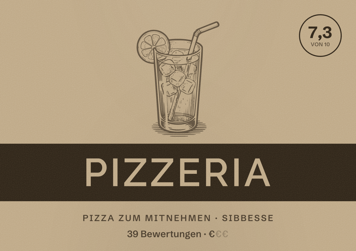 Illustriertes Poster von Pizzeria, Pizza zum Mitnehmen in Sibbesse: Bewertung 7,3 von 10 aus 39 Bewertungen, Preisniveau €