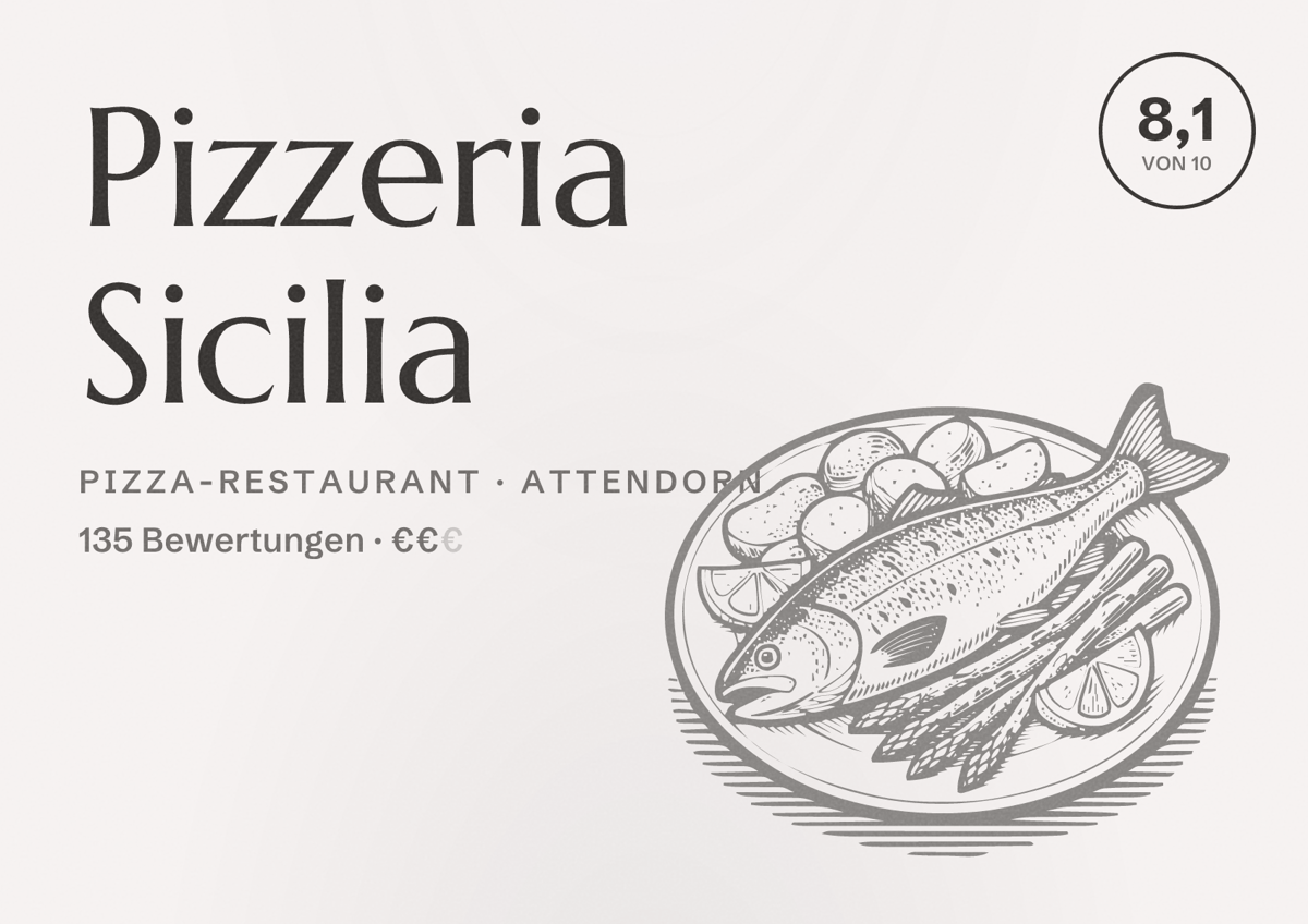 Illustriertes Poster von Pizzeria Sicilia, Pizza-Restaurant in Attendorn: Bewertung 8,1 von 10 aus 135 Bewertungen, Preisniveau €€