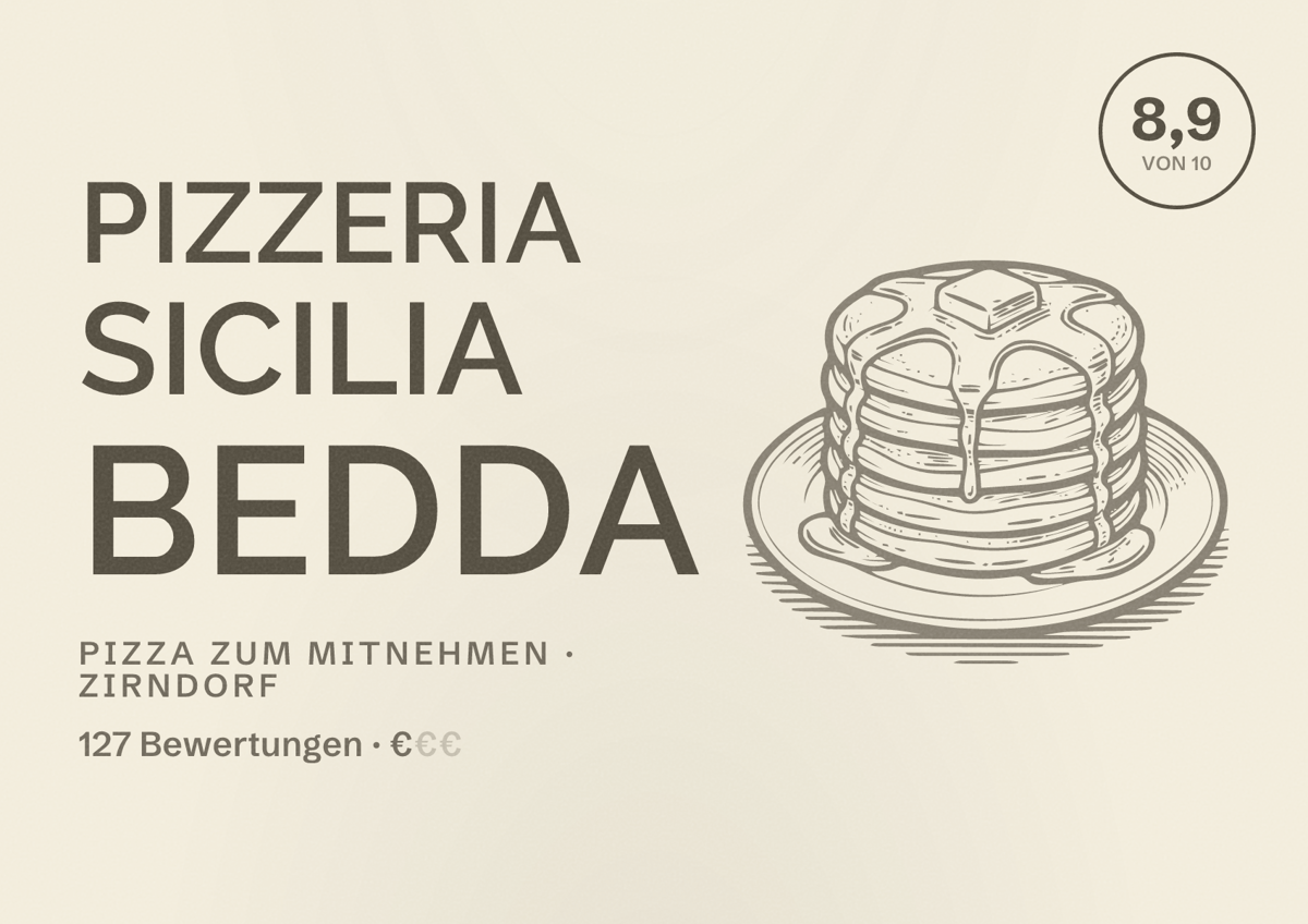 Illustriertes Poster von Pizzeria Sicilia Bedda, Pizza zum Mitnehmen in Zirndorf: Bewertung 8,9 von 10 aus 127 Bewertungen, Preisniveau €