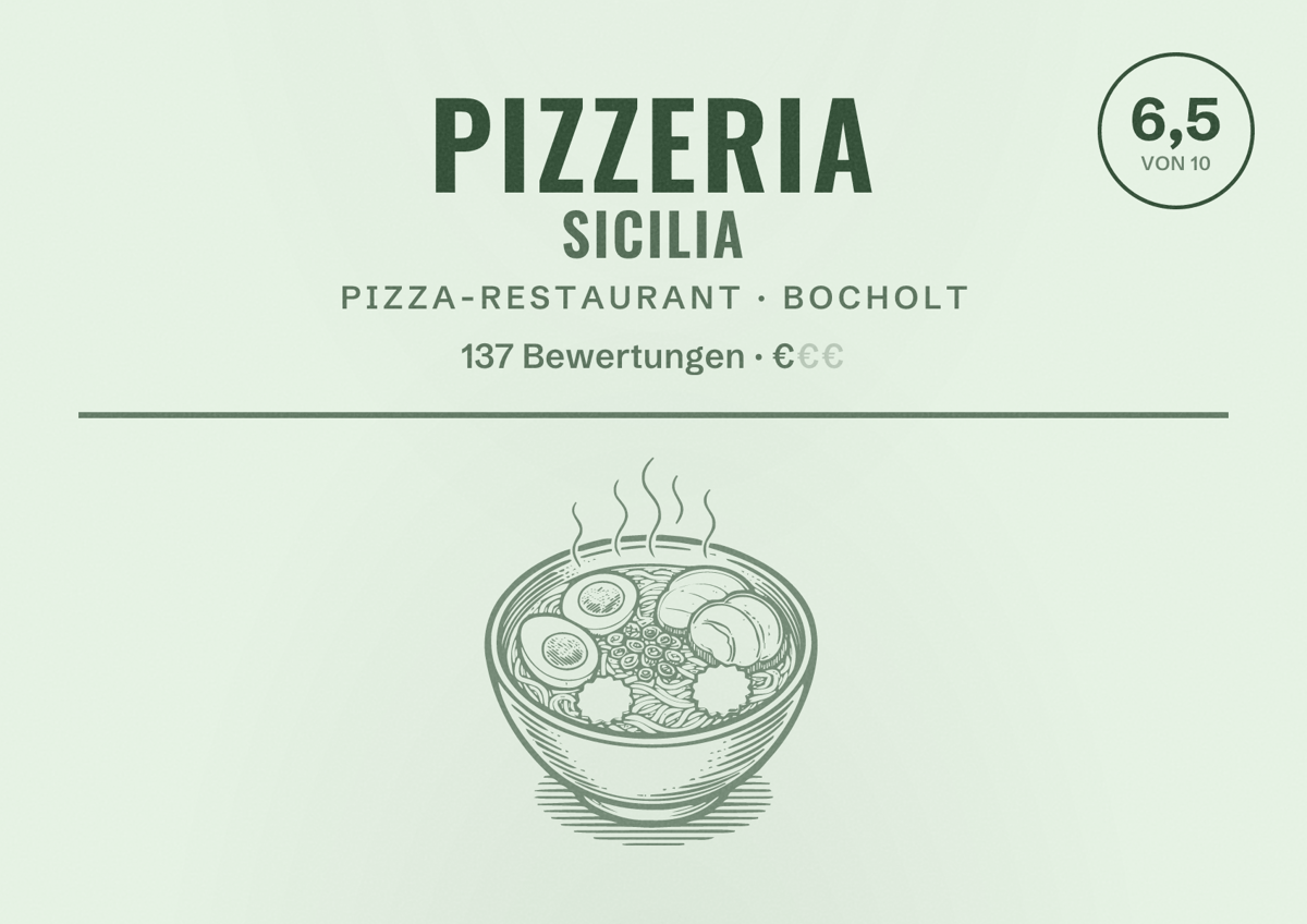Illustriertes Poster von Pizzeria Sicilia, Pizza-Restaurant in Bocholt: Bewertung 6,5 von 10 aus 137 Bewertungen, Preisniveau €