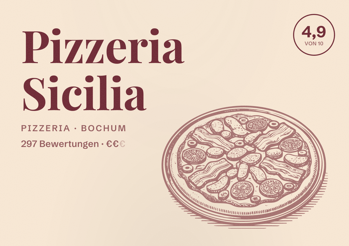 Illustriertes Poster von Pizzeria Sicilia, Pizzeria in Bochum: Bewertung 4,9 von 10 aus 297 Bewertungen, Preisniveau €€