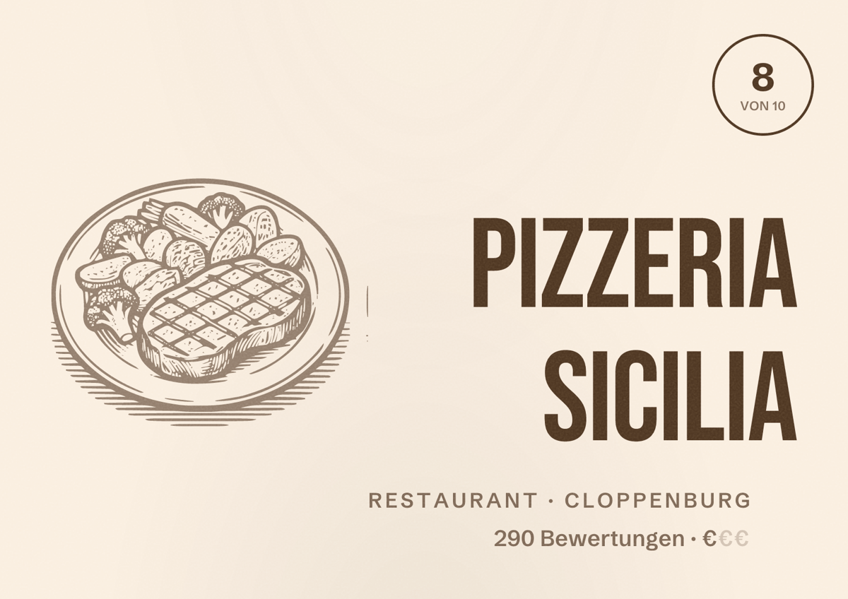 Illustriertes Poster von Pizzeria Sicilia, Restaurant in Cloppenburg: Bewertung 8 von 10 aus 290 Bewertungen, Preisniveau €