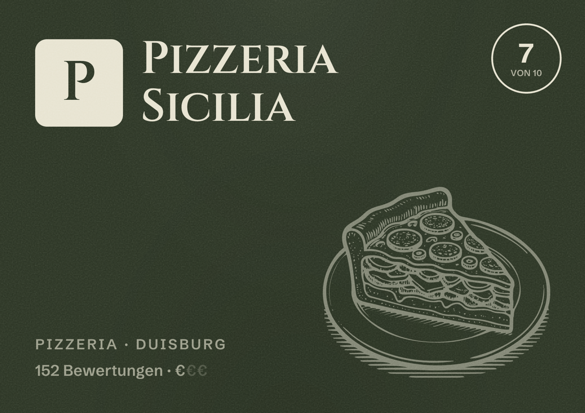Illustriertes Poster von Pizzeria Sicilia, Pizzeria in Duisburg: Bewertung 7 von 10 aus 152 Bewertungen, Preisniveau €