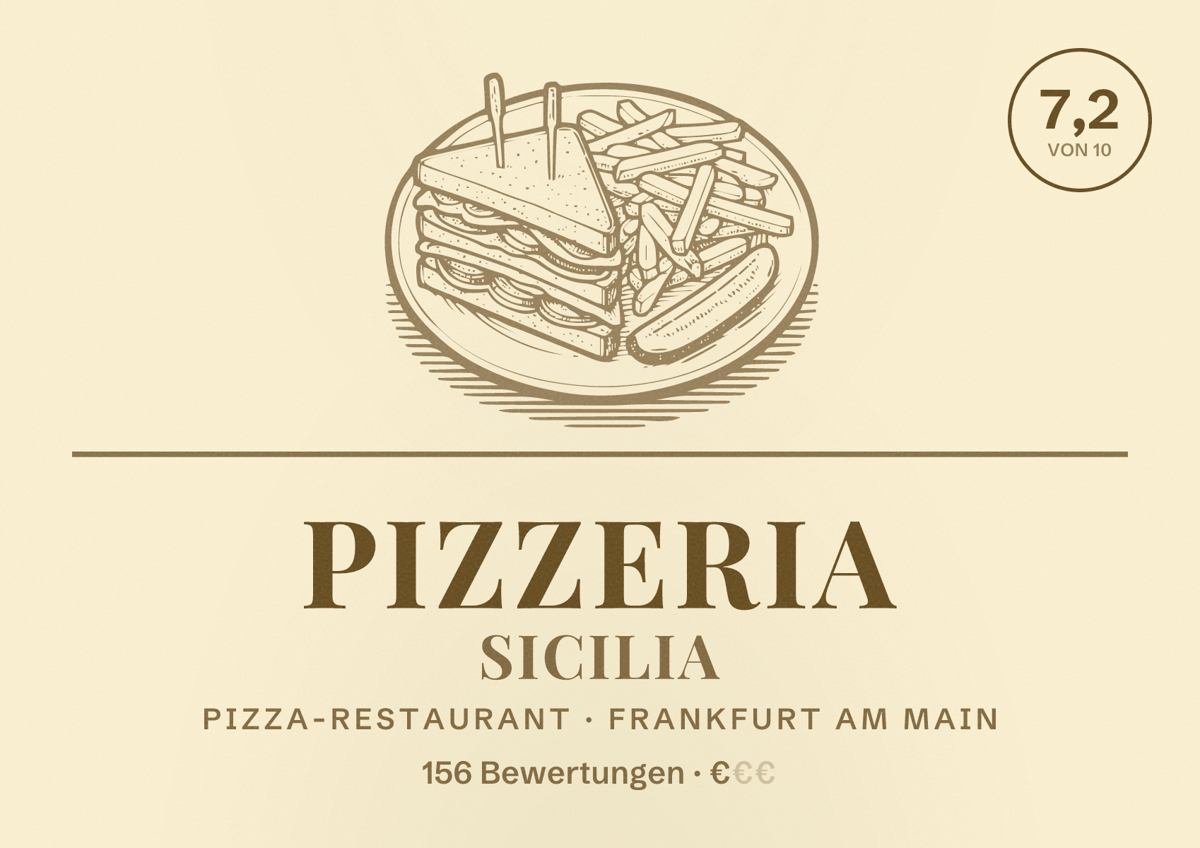 Illustriertes Poster von Pizzeria Sicilia, Pizza-Restaurant in Frankfurt am Main: Bewertung 7,2 von 10 aus 156 Bewertungen, Preisniveau €