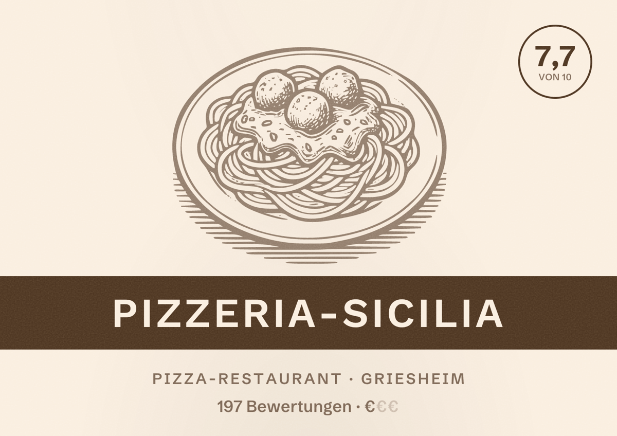 Illustriertes Poster von Pizzeria-Sicilia, Pizza-Restaurant in Griesheim: Bewertung 7,7 von 10 aus 197 Bewertungen, Preisniveau €