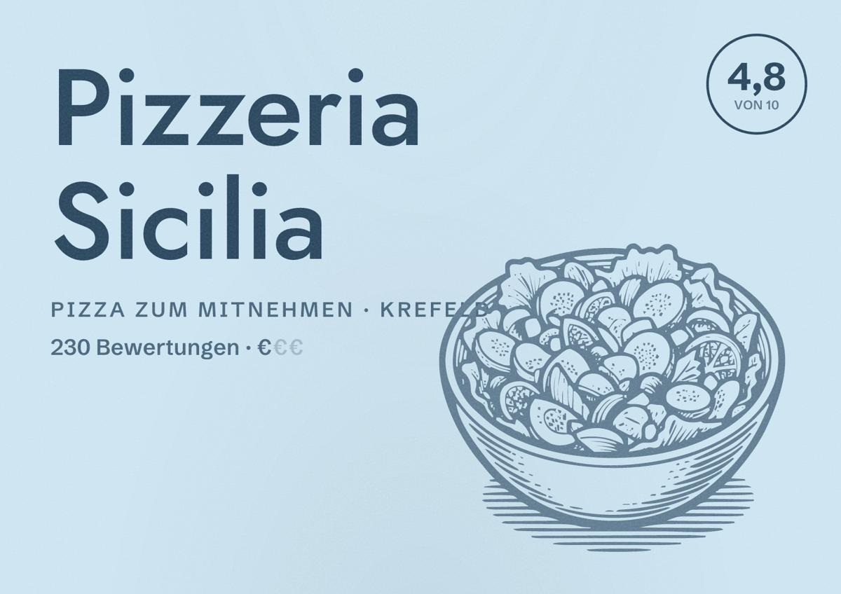 Illustriertes Poster von Pizzeria Sicilia, Pizza zum Mitnehmen in Krefeld: Bewertung 4,8 von 10 aus 230 Bewertungen, Preisniveau €