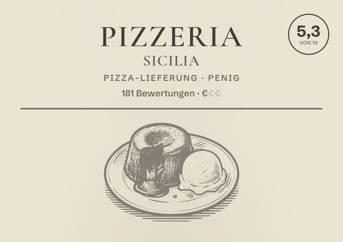 Illustriertes Poster von Pizzeria Sicilia, Pizza-Lieferung in Penig: Bewertung 5,3 von 10 aus 181 Bewertungen, Preisniveau €