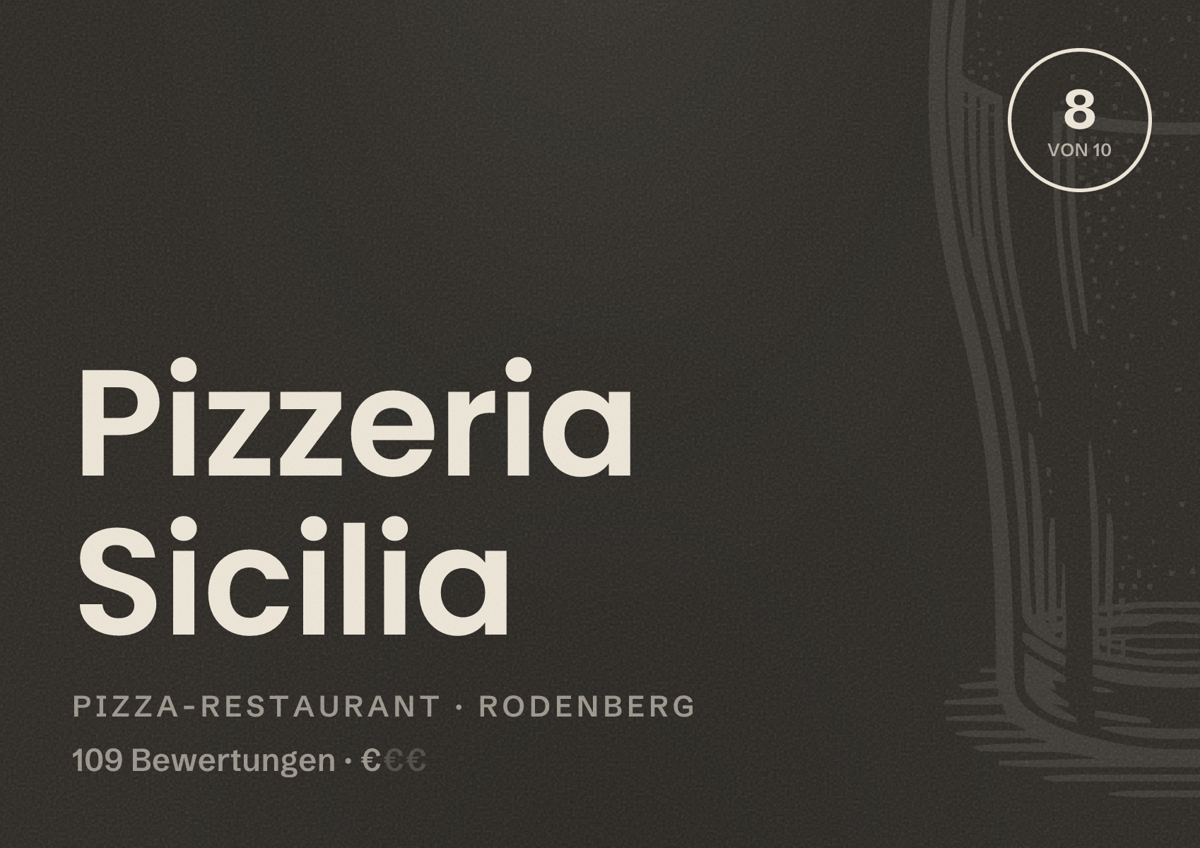Illustriertes Poster von Pizzeria Sicilia, Pizza-Restaurant in Rodenberg: Bewertung 8 von 10 aus 109 Bewertungen, Preisniveau €