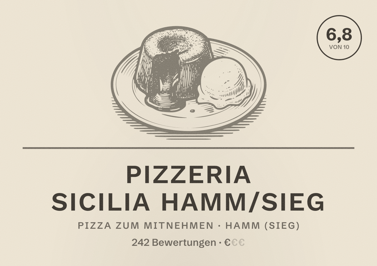 Illustriertes Poster von Pizzeria Sicilia Hamm/Sieg, Pizza zum Mitnehmen in Hamm (Sieg): Bewertung 6,8 von 10 aus 242 Bewertungen, Preisniveau €