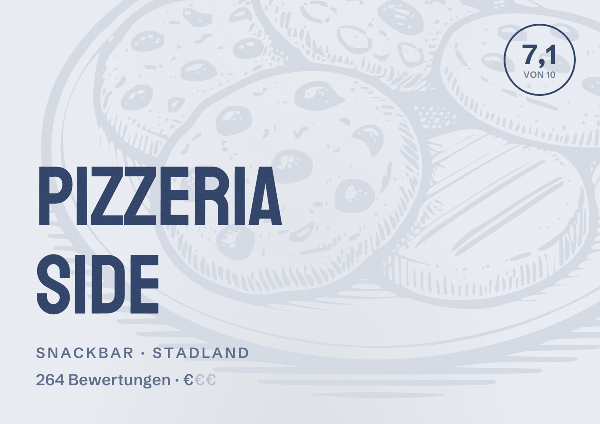 Illustriertes Poster von Pizzeria Side, Snackbar in Stadland: Bewertung 7,1 von 10 aus 264 Bewertungen, Preisniveau €