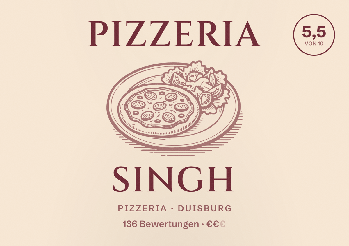 Illustriertes Poster von Pizzeria Singh, Pizzeria in Duisburg: Bewertung 5,5 von 10 aus 136 Bewertungen, Preisniveau €€