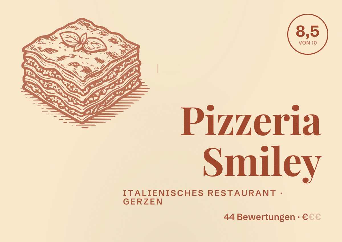 Illustriertes Poster von Pizzeria Smiley, Italienisches Restaurant in Gerzen: Bewertung 8,5 von 10 aus 44 Bewertungen, Preisniveau €