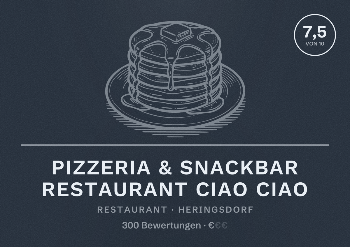 Illustriertes Poster von Pizzeria & Snackbar Restaurant Ciao Ciao, Restaurant in Heringsdorf: Bewertung 7,5 von 10 aus 300 Bewertungen, Preisniveau €