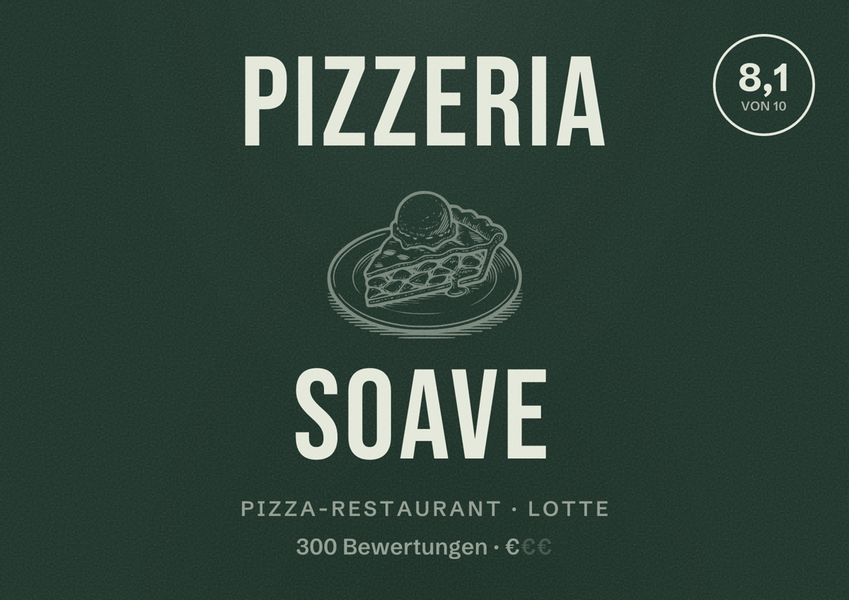 Illustriertes Poster von Pizzeria Soave, Pizza-Restaurant in Lotte: Bewertung 8,1 von 10 aus 300 Bewertungen, Preisniveau €
