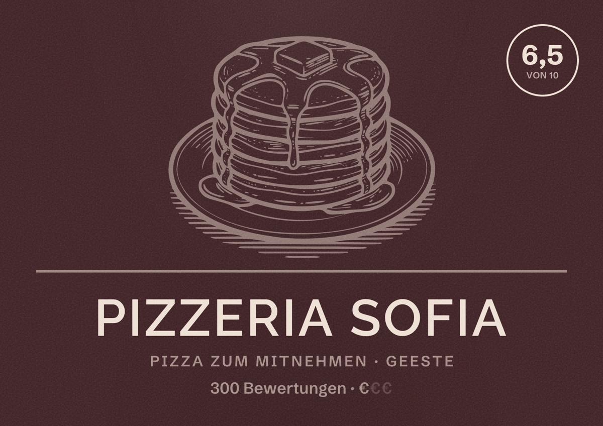 Illustriertes Poster von Pizzeria Sofia, Pizza zum Mitnehmen in Geeste: Bewertung 6,5 von 10 aus 300 Bewertungen, Preisniveau €