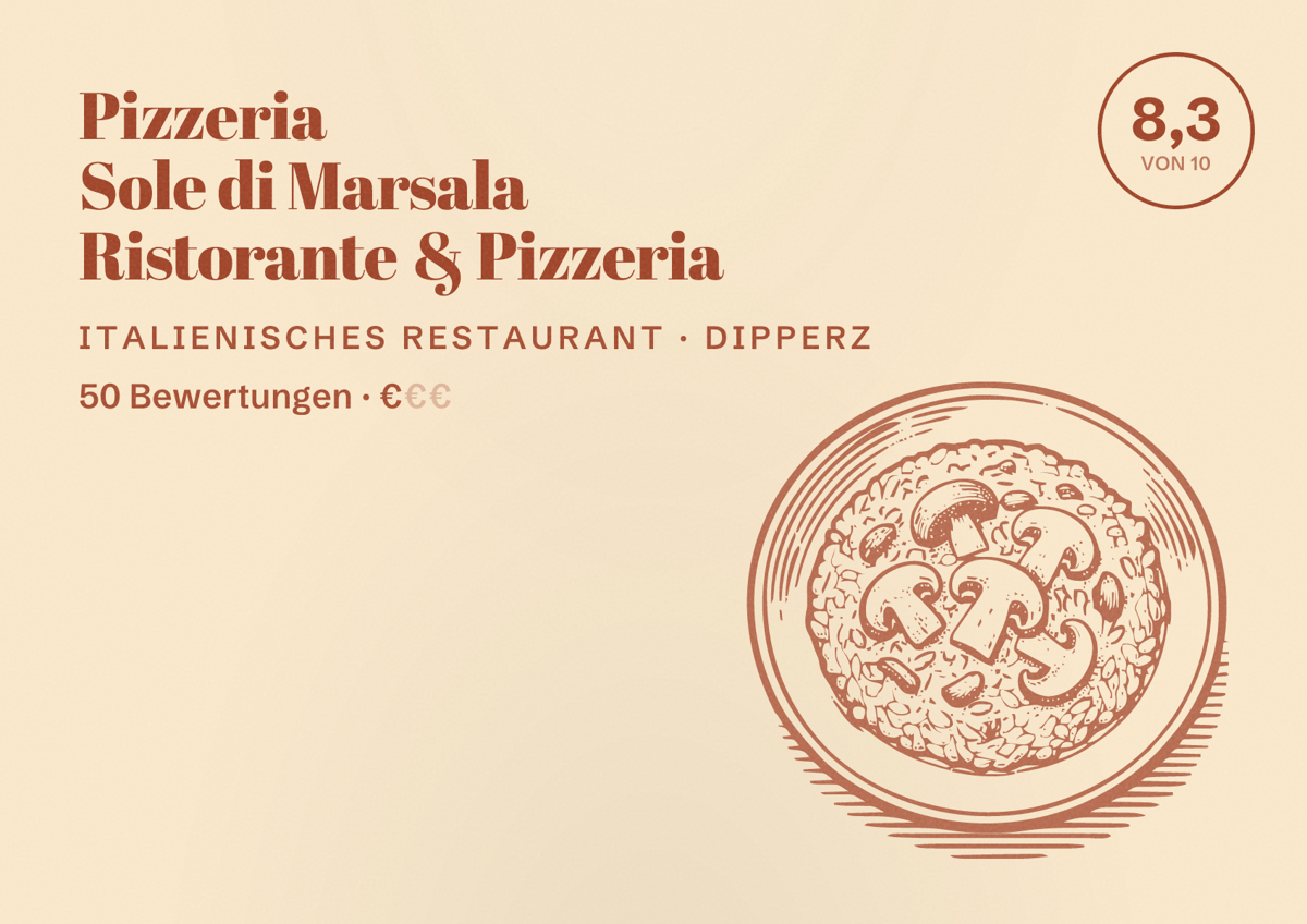 Illustriertes Poster von Pizzeria Sole di Marsala Ristorante & Pizzeria, Italienisches Restaurant in Dipperz: Bewertung 8,3 von 10 aus 50 Bewertungen, Preisniveau €