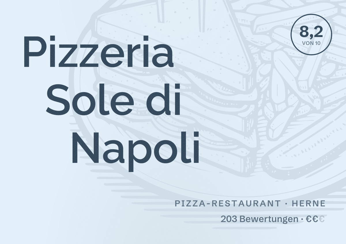 Illustriertes Poster von Pizzeria Sole di Napoli, Pizza-Restaurant in Herne: Bewertung 8,2 von 10 aus 203 Bewertungen, Preisniveau €€