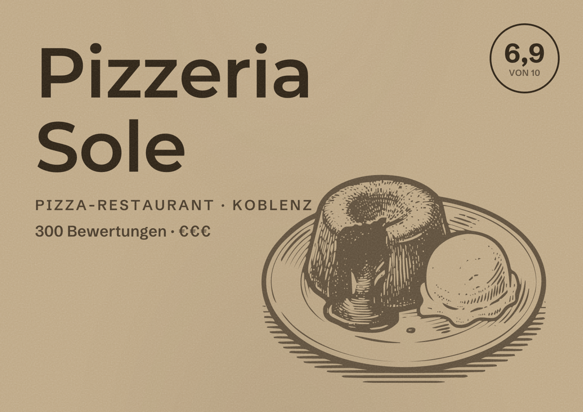 Illustriertes Poster von Pizzeria Sole, Pizza-Restaurant in Koblenz: Bewertung 6,9 von 10 aus 300 Bewertungen, Preisniveau €€€