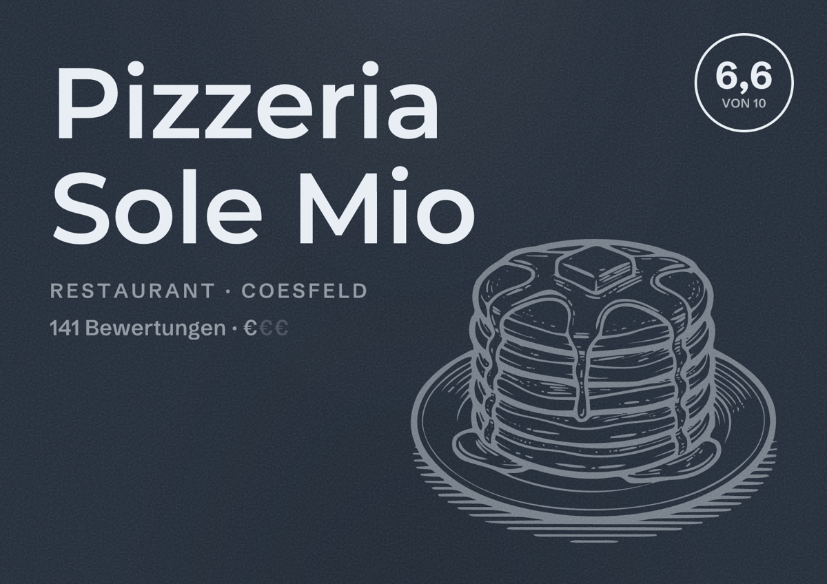 Illustriertes Poster von Pizzeria Sole Mio, Restaurant in Coesfeld: Bewertung 6,6 von 10 aus 141 Bewertungen, Preisniveau €