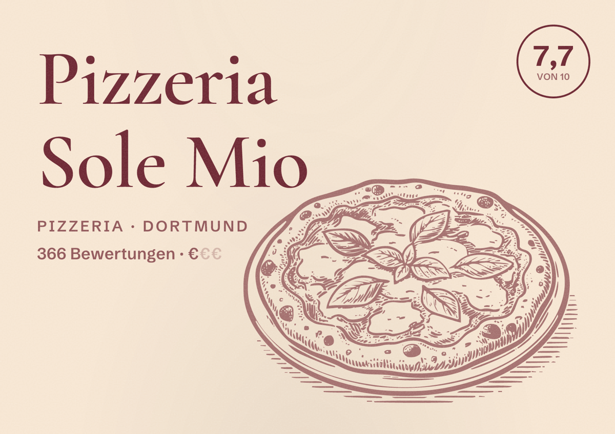 Illustriertes Poster von Pizzeria Sole Mio, Pizzeria in Dortmund: Bewertung 7,7 von 10 aus 366 Bewertungen, Preisniveau €
