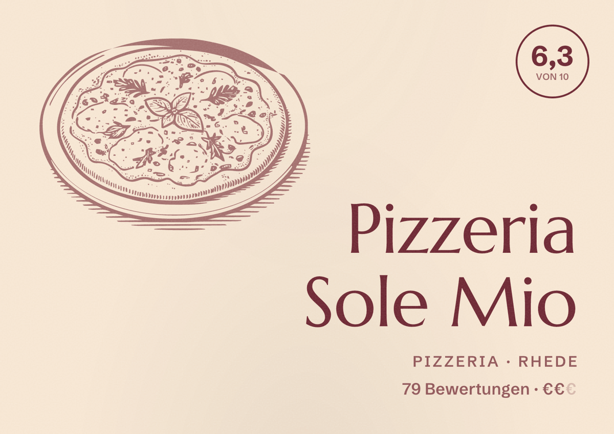 Illustriertes Poster von Pizzeria Sole Mio, Pizzeria in Rhede: Bewertung 6,3 von 10 aus 79 Bewertungen, Preisniveau €€
