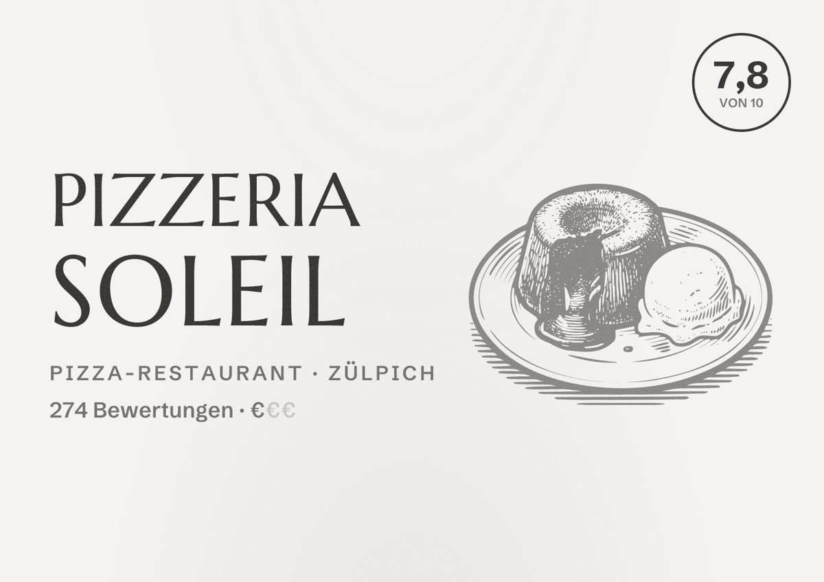 Illustriertes Poster von Pizzeria Soleil, Pizza-Restaurant in Zülpich: Bewertung 7,8 von 10 aus 274 Bewertungen, Preisniveau €