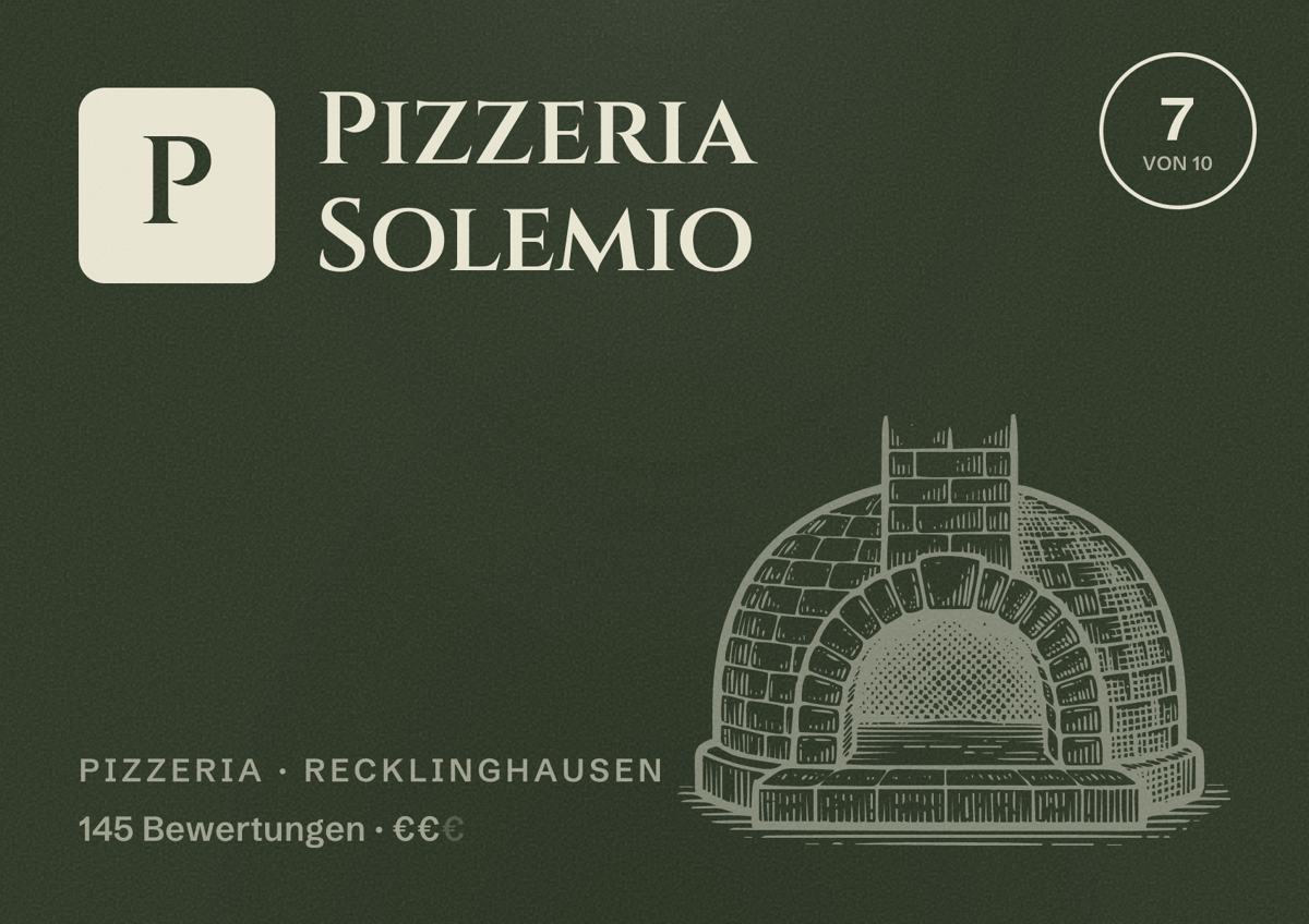 Illustriertes Poster von Pizzeria Solemio, Pizzeria in Recklinghausen: Bewertung 7 von 10 aus 145 Bewertungen, Preisniveau €€