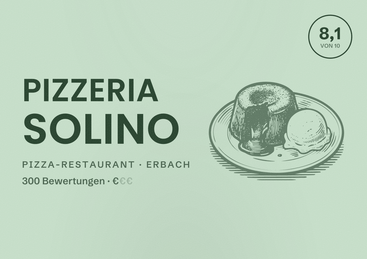Illustriertes Poster von Pizzeria Solino, Pizza-Restaurant in Erbach: Bewertung 8,1 von 10 aus 300 Bewertungen, Preisniveau €