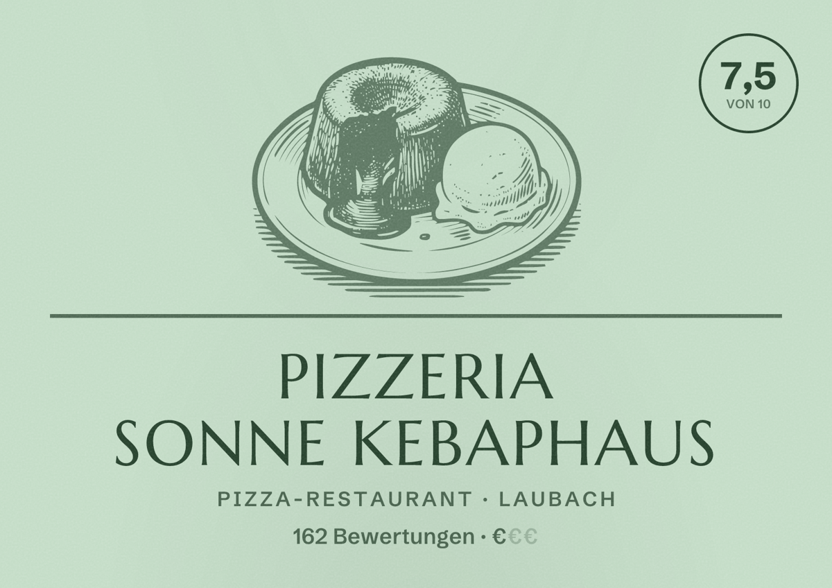 Illustriertes Poster von Pizzeria Sonne Kebaphaus, Pizza-Restaurant in Laubach: Bewertung 7,5 von 10 aus 162 Bewertungen, Preisniveau €