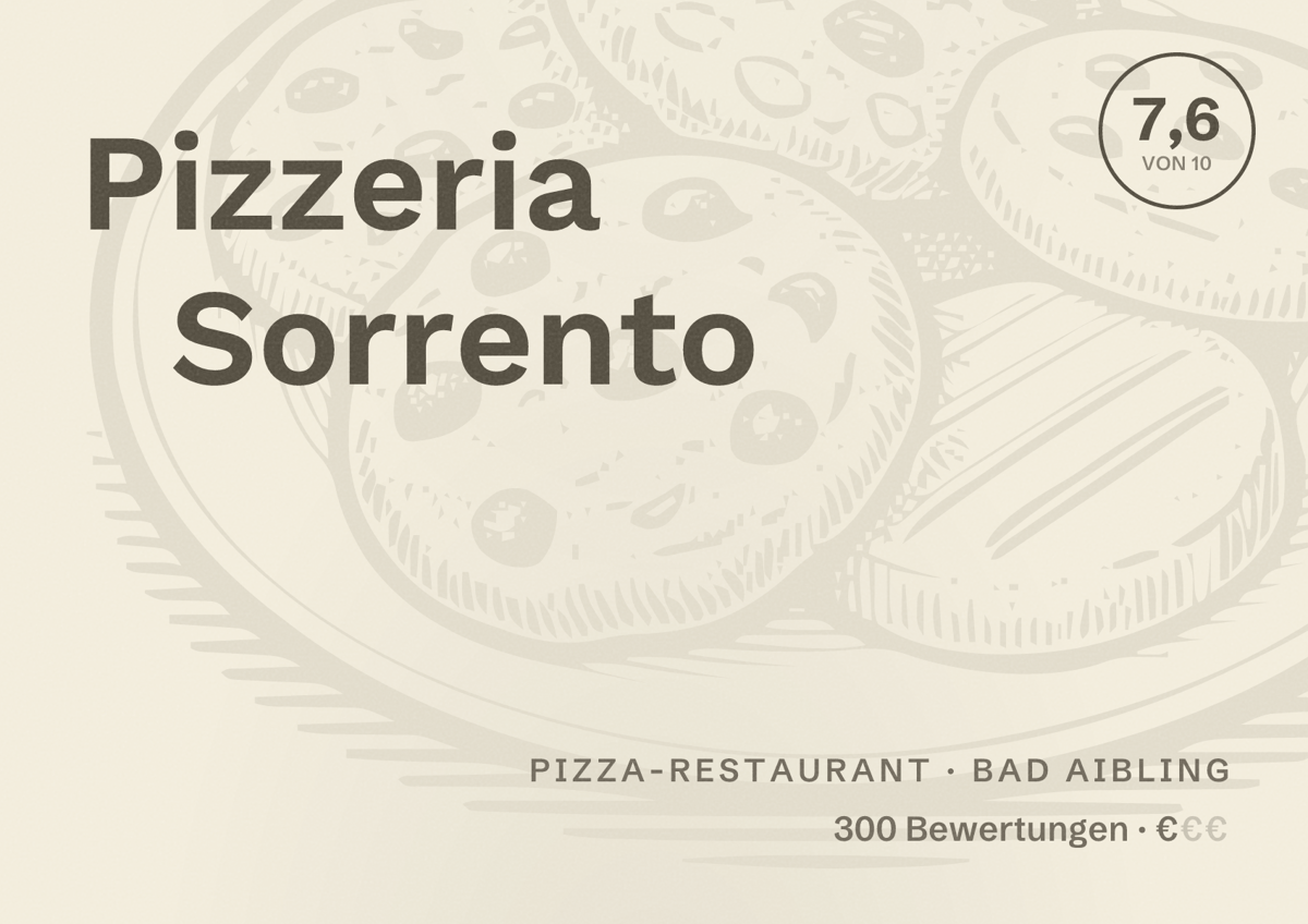 Illustriertes Poster von Pizzeria Sorrento, Pizza-Restaurant in Bad Aibling: Bewertung 7,6 von 10 aus 300 Bewertungen, Preisniveau €