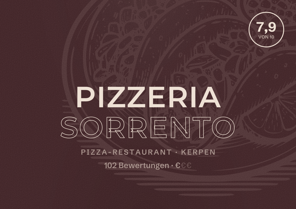 Illustriertes Poster von Pizzeria Sorrento, Pizza-Restaurant in Kerpen: Bewertung 7,9 von 10 aus 102 Bewertungen, Preisniveau €