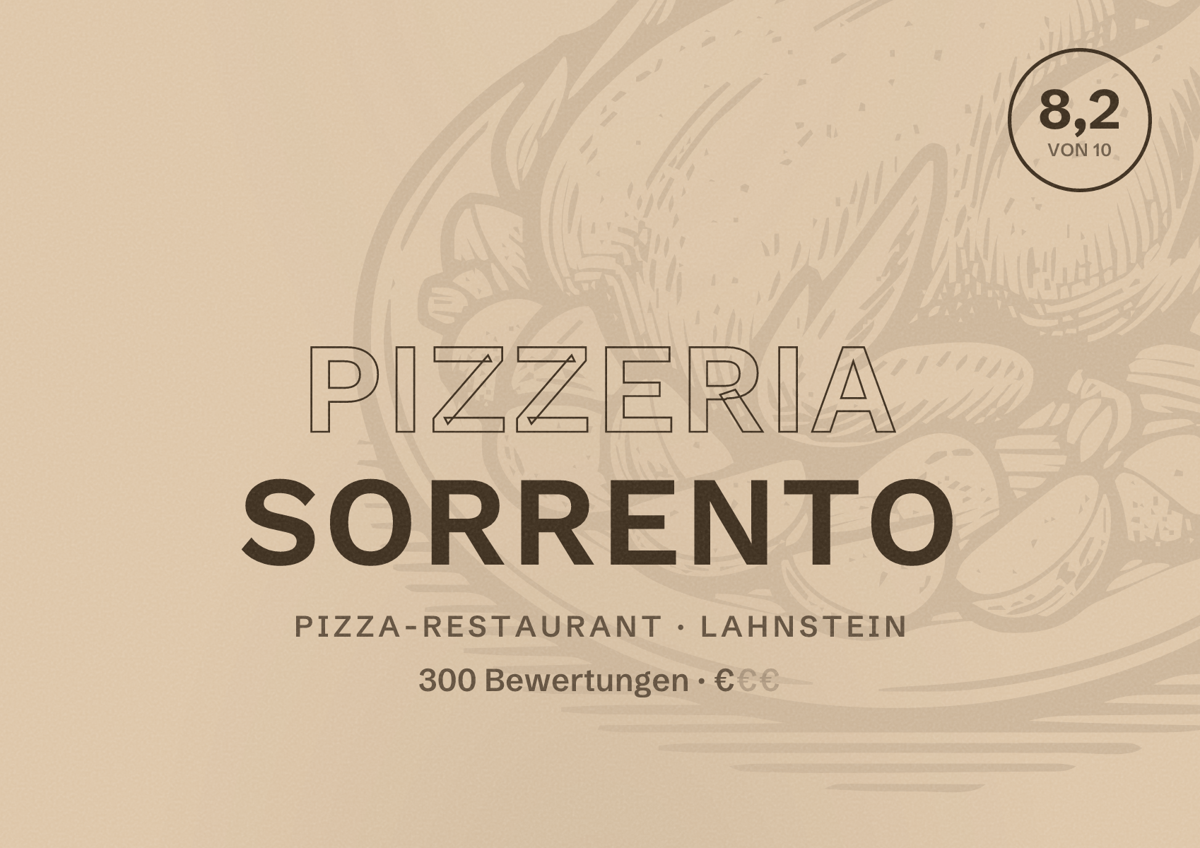 Illustriertes Poster von Pizzeria Sorrento, Pizza-Restaurant in Lahnstein: Bewertung 8,2 von 10 aus 300 Bewertungen, Preisniveau €