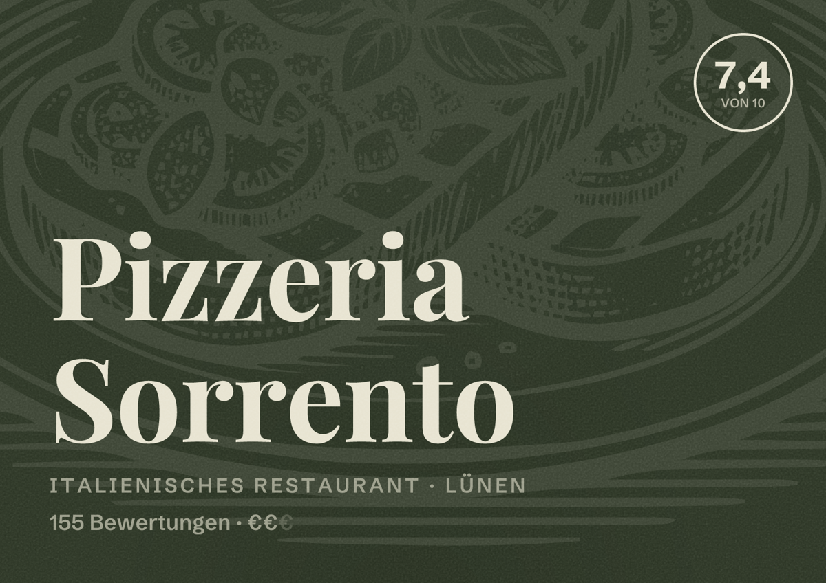Illustriertes Poster von Pizzeria Sorrento, Italienisches Restaurant in Lünen: Bewertung 7,4 von 10 aus 155 Bewertungen, Preisniveau €€