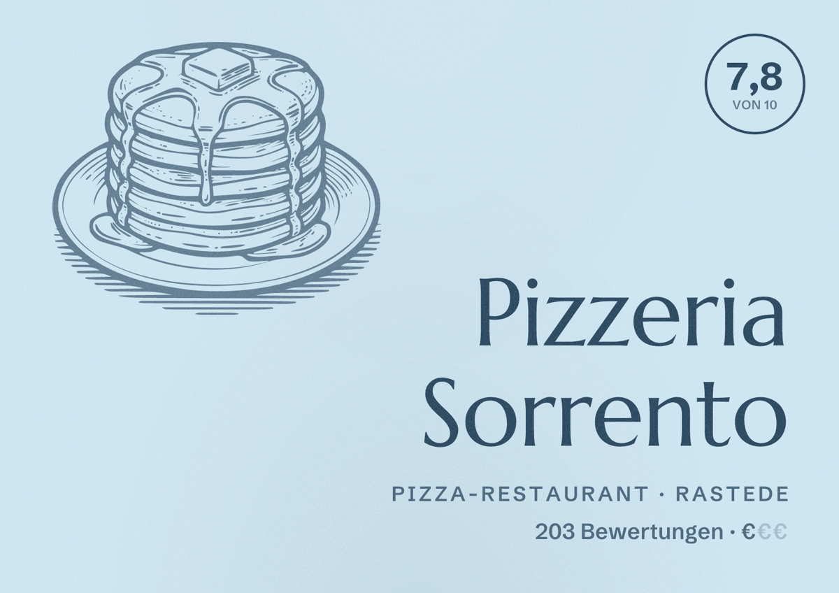 Illustriertes Poster von Pizzeria Sorrento, Pizza-Restaurant in Rastede: Bewertung 7,8 von 10 aus 203 Bewertungen, Preisniveau €