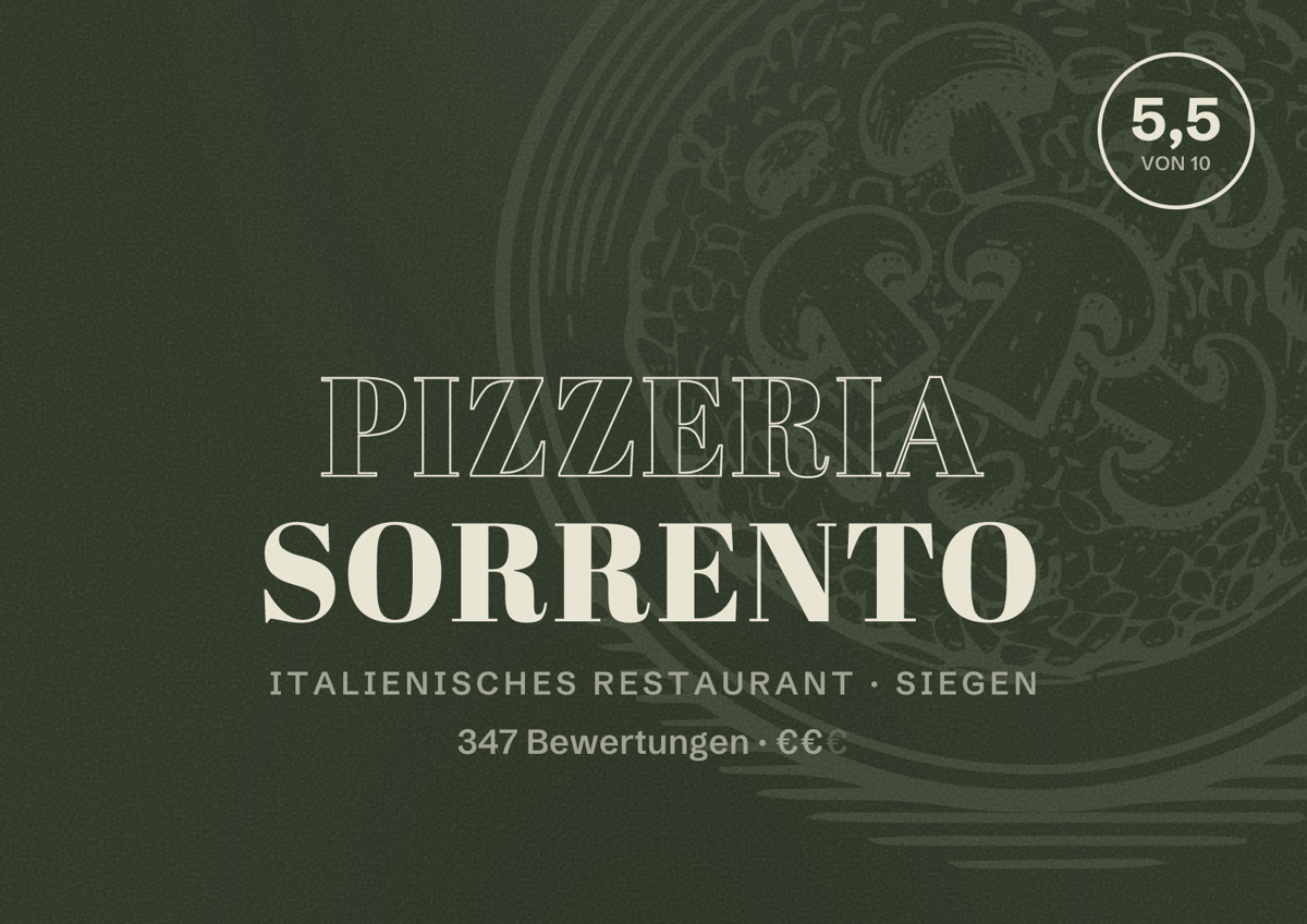 Illustriertes Poster von PIZZERIA SORRENTO, Italienisches Restaurant in Siegen: Bewertung 5,5 von 10 aus 347 Bewertungen, Preisniveau €€