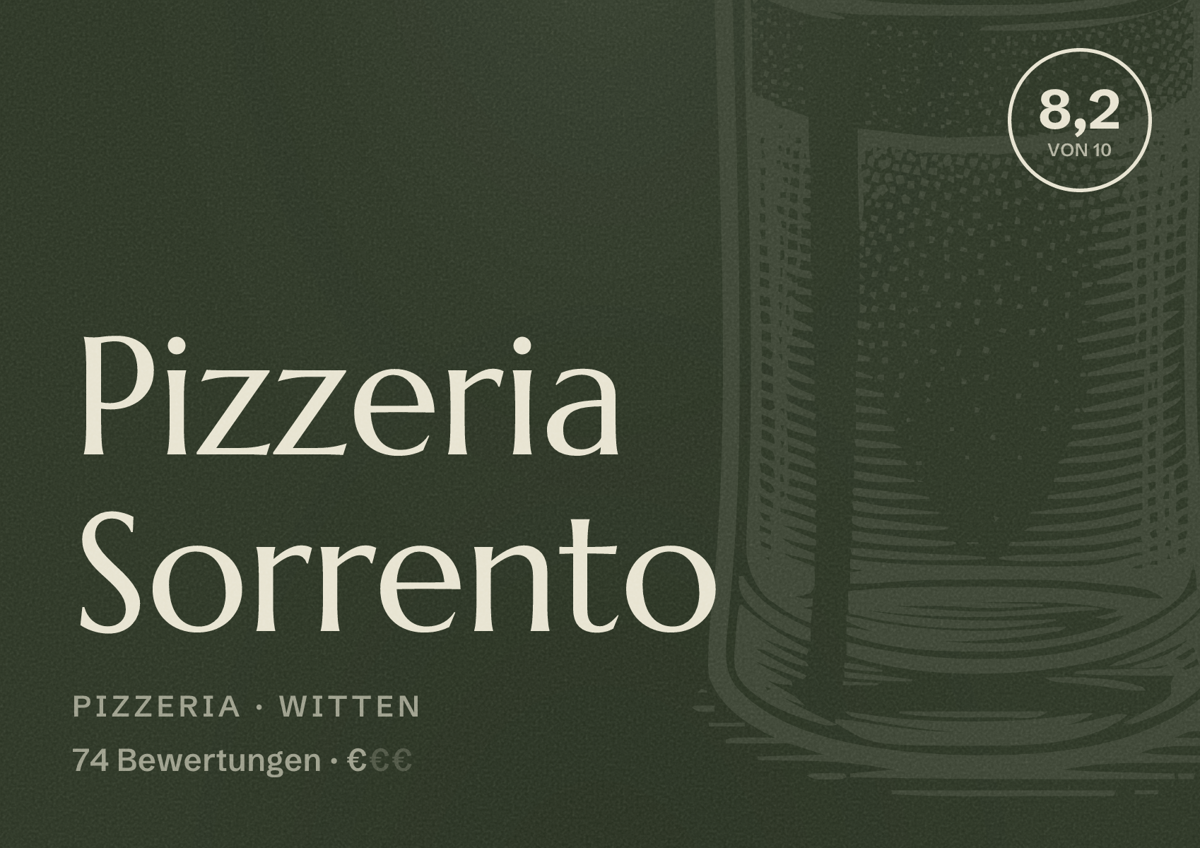 Illustriertes Poster von Pizzeria Sorrento, Pizzeria in Witten: Bewertung 8,2 von 10 aus 74 Bewertungen, Preisniveau €