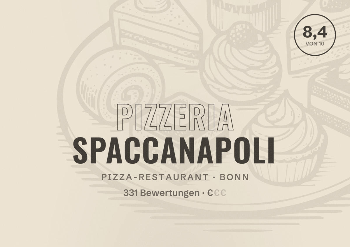 Illustriertes Poster von Pizzeria Spaccanapoli, Pizza-Restaurant in Bonn: Bewertung 8,4 von 10 aus 331 Bewertungen, Preisniveau €