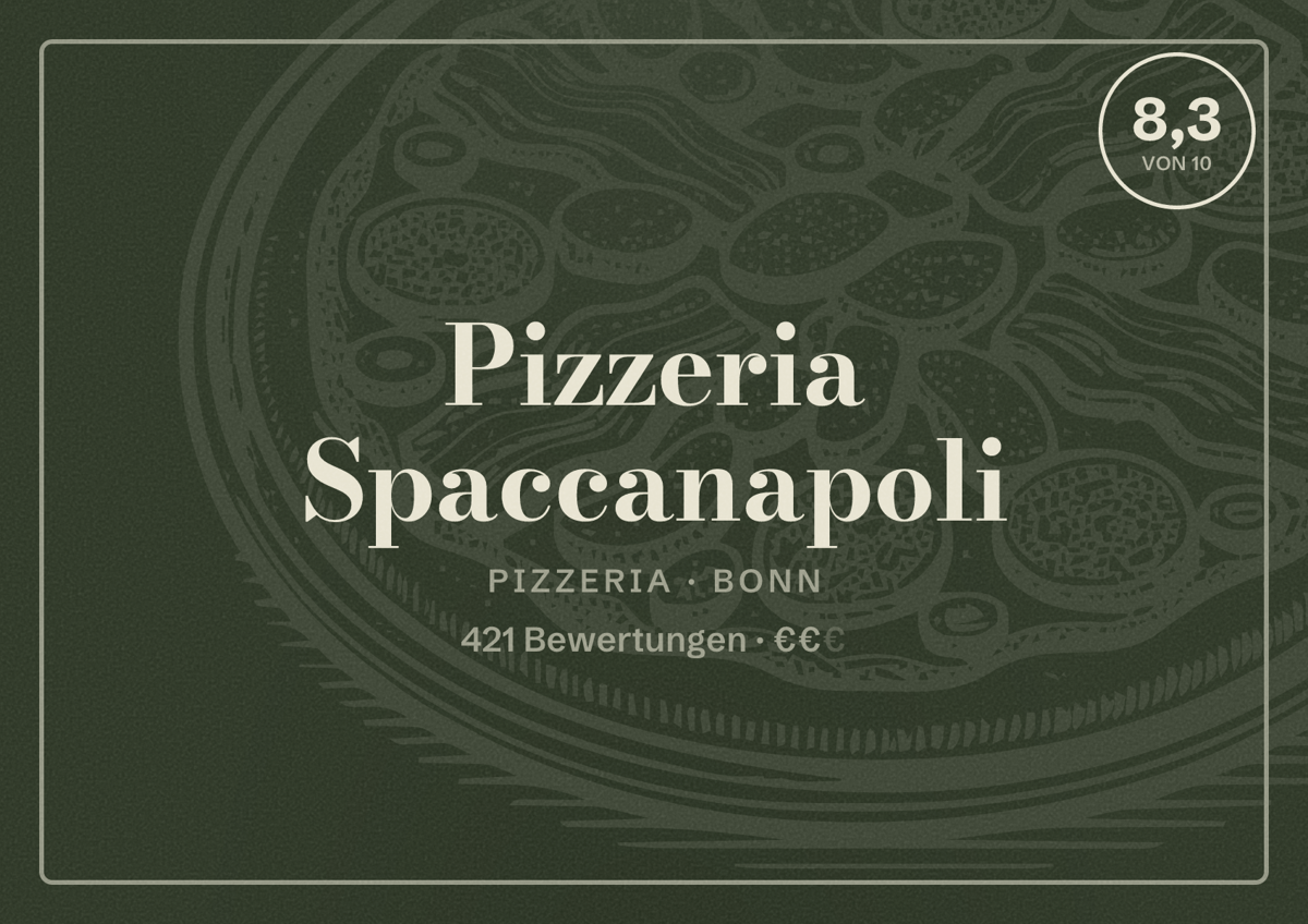 Illustriertes Poster von Pizzeria Spaccanapoli, Pizzeria in Bonn: Bewertung 8,3 von 10 aus 421 Bewertungen, Preisniveau €€