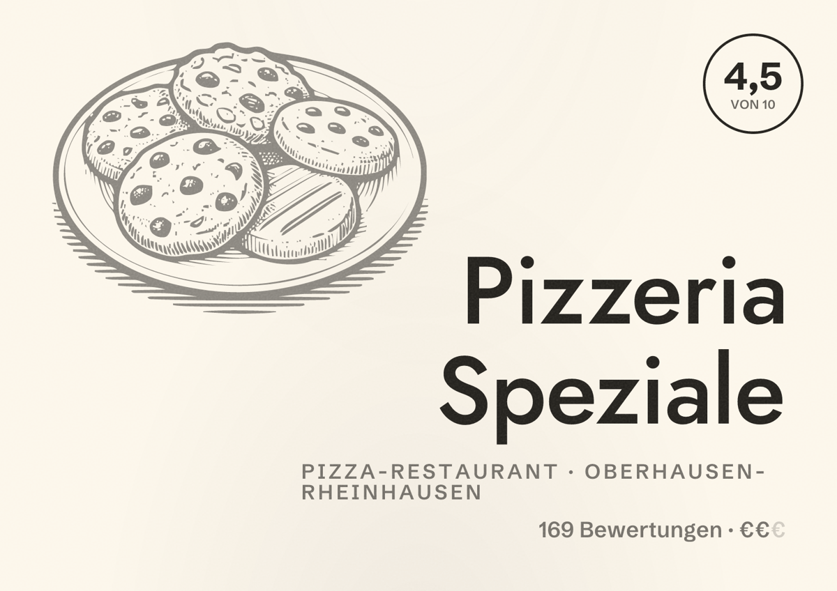 Illustriertes Poster von Pizzeria Speziale, Pizza-Restaurant in Oberhausen-Rheinhausen: Bewertung 4,5 von 10 aus 169 Bewertungen, Preisniveau €€