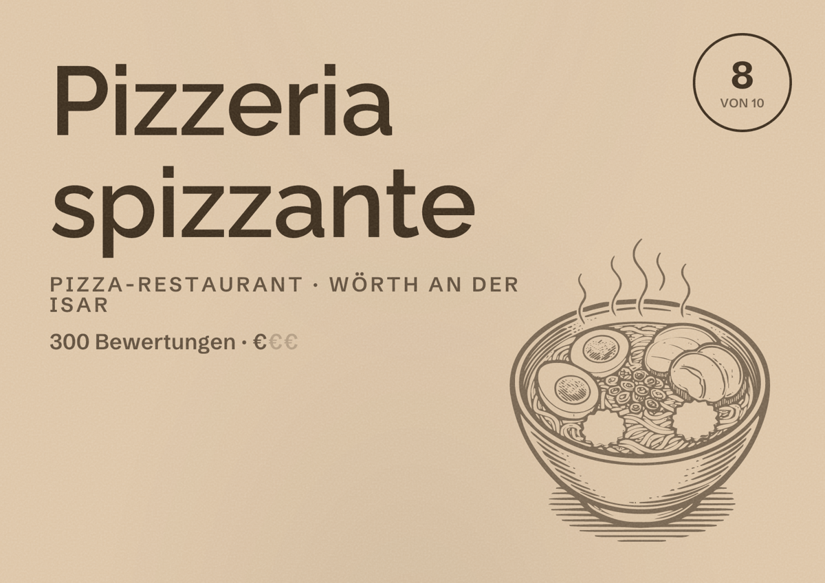 Illustriertes Poster von Pizzeria spizzante, Pizza-Restaurant in Wörth an der Isar: Bewertung 8 von 10 aus 300 Bewertungen, Preisniveau €