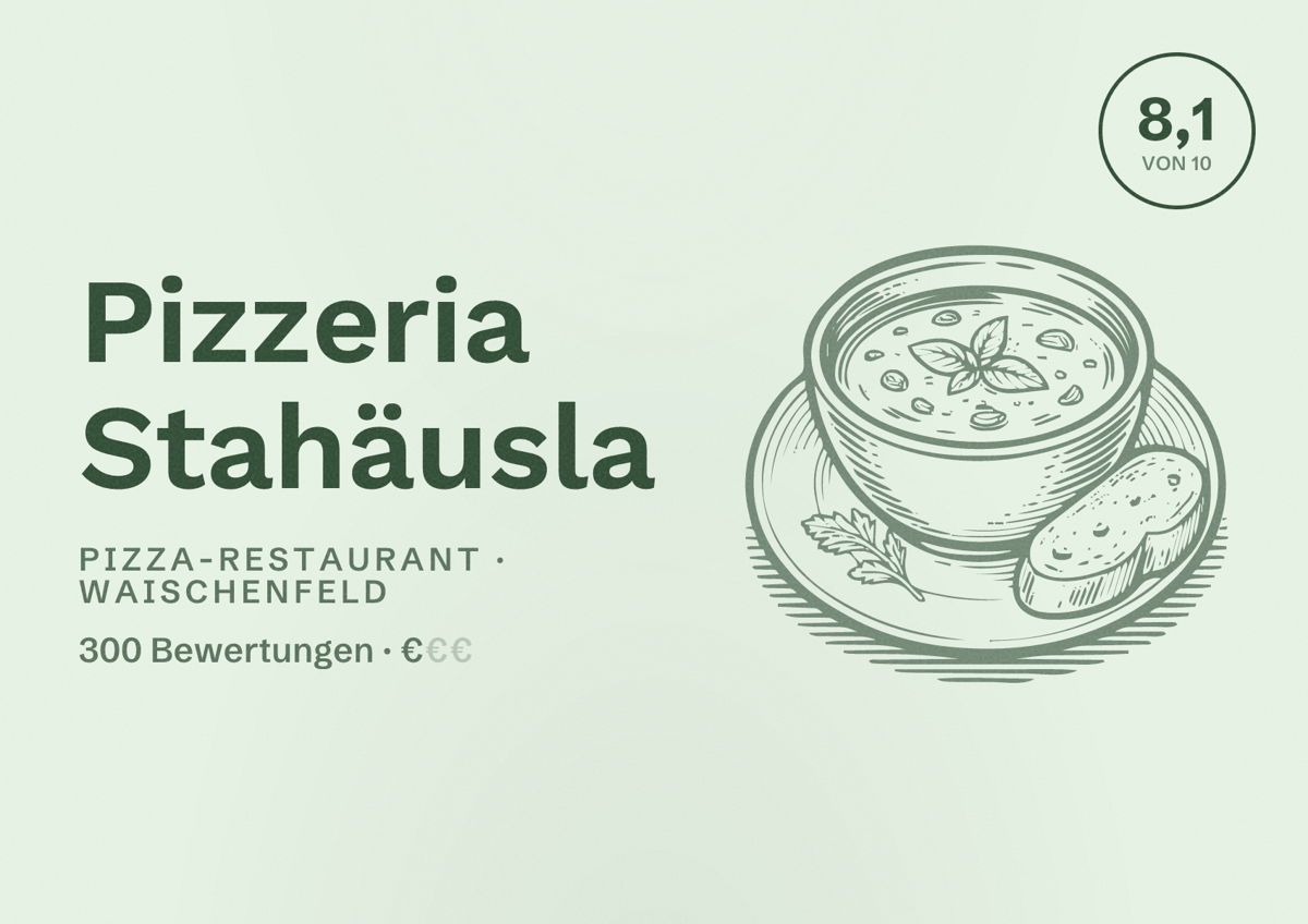 Illustriertes Poster von Pizzeria Stahäusla, Pizza-Restaurant in Waischenfeld: Bewertung 8,1 von 10 aus 300 Bewertungen, Preisniveau €