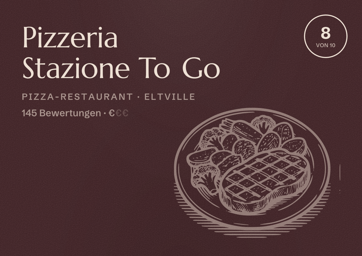Illustriertes Poster von Pizzeria Stazione To Go, Pizza-Restaurant in Eltville: Bewertung 8 von 10 aus 145 Bewertungen, Preisniveau €