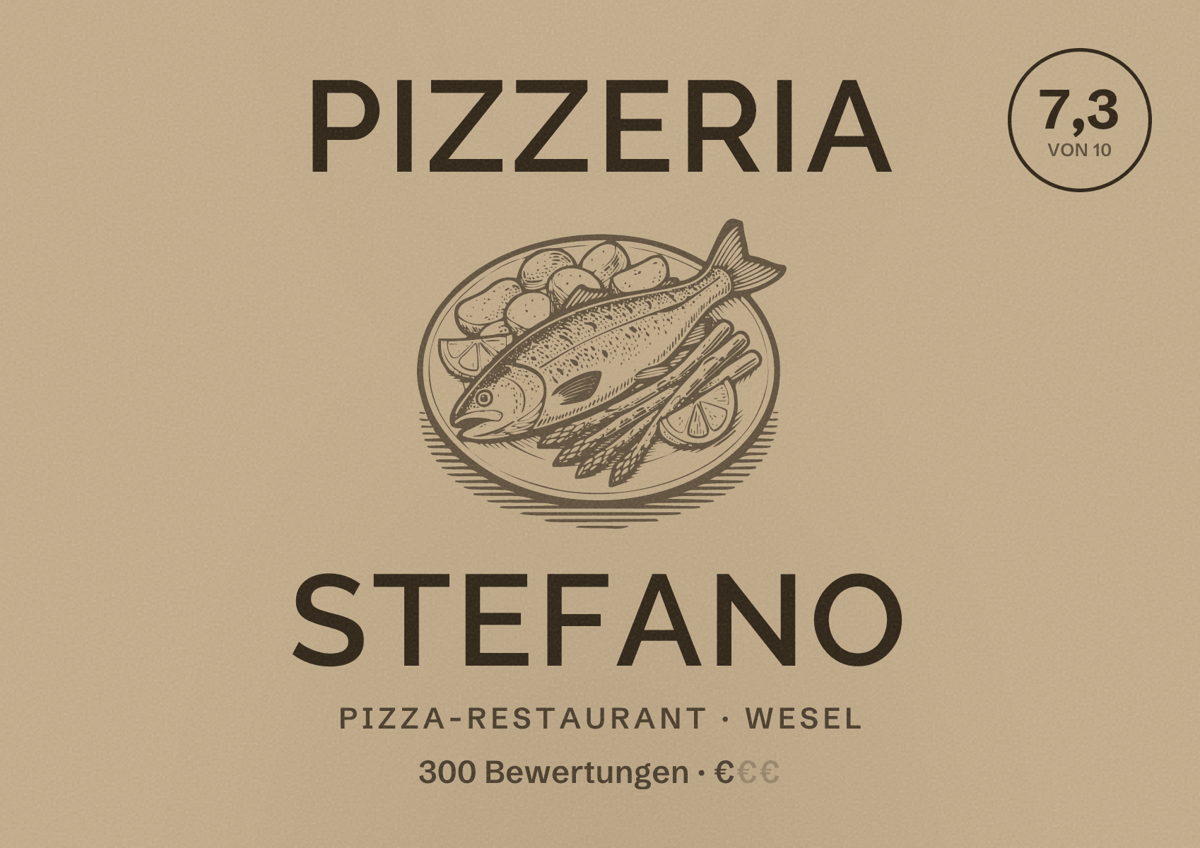 Illustriertes Poster von Pizzeria Stefano, Pizza-Restaurant in Wesel: Bewertung 7,3 von 10 aus 300 Bewertungen, Preisniveau €
