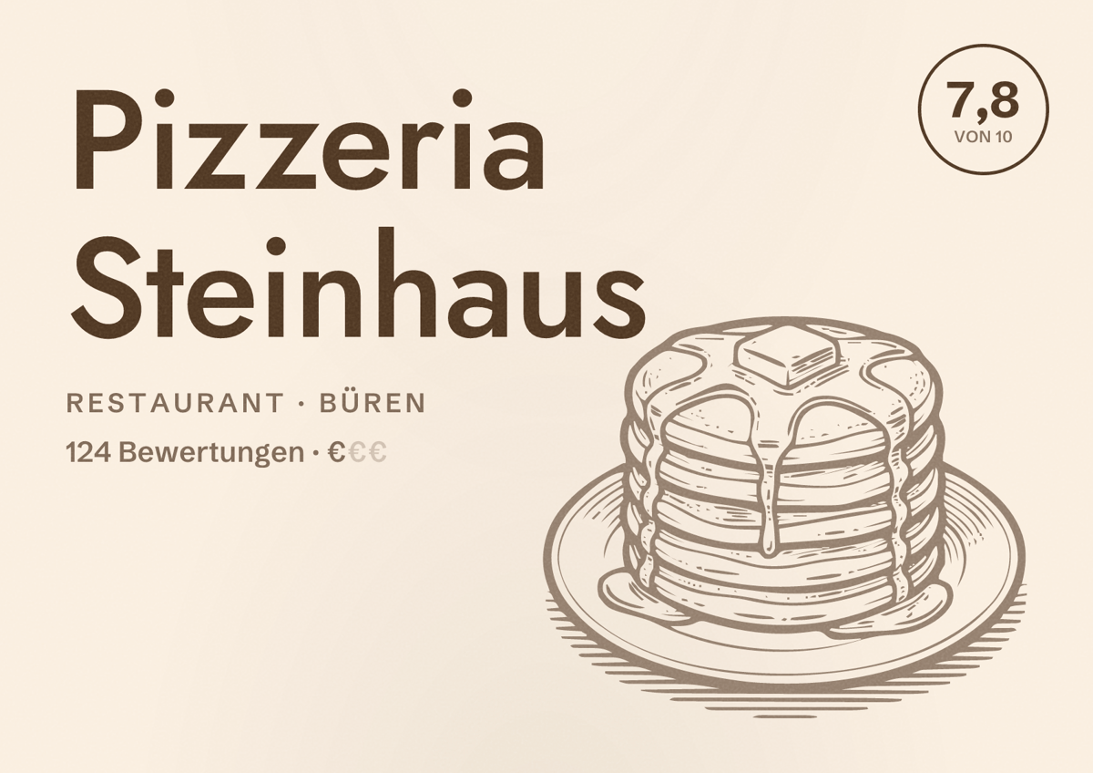 Illustriertes Poster von Pizzeria Steinhaus, Restaurant in Büren: Bewertung 7,8 von 10 aus 124 Bewertungen, Preisniveau €